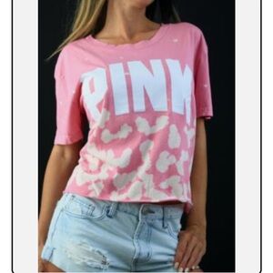 VS PINK cropped tee - pink/white bleach dyed 100% cotton